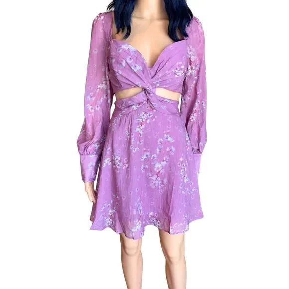 NWT Bardot Purple Floral Cutout Mini Dress 10 Boho Romantic Wedding Guest Party - Picture 6 of 7